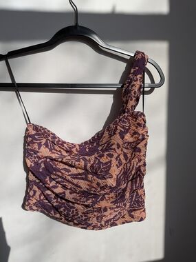 Zara Purple and Tan Floral-Print One-Shoulder Crop Top